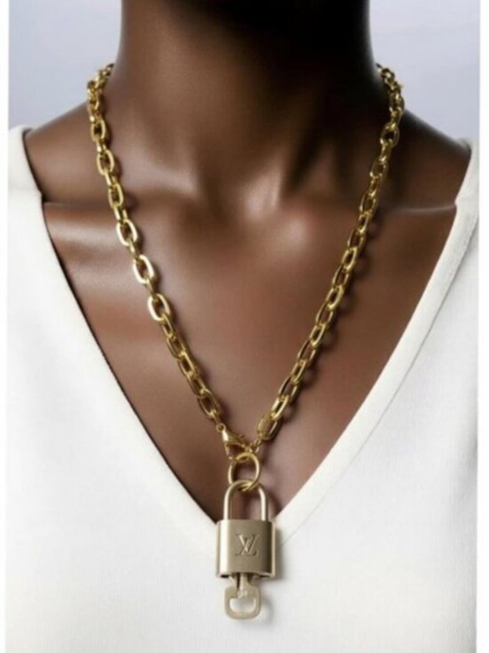 Stainless Steel Gold-Plated Necklace with Authentic Louis Vuitton Padlock